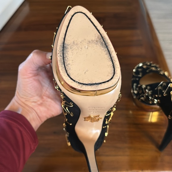 Charlotte Olympia x Tom Binns Suede Gold Safety Pin Platform Heels EU 38.5 - Picture 8 of 12